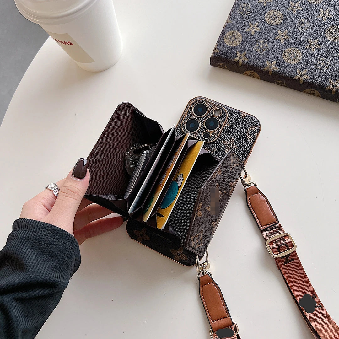 Advanced leather iPhone Case With Wallet And Strap Brown
