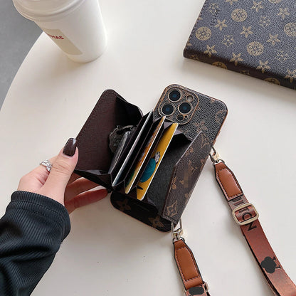 Advanced leather iPhone Case With Wallet And Strap Brown