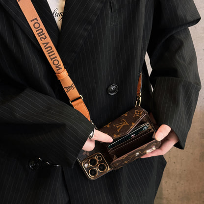 Advanced leather iPhone Case With Wallet And Strap Brown