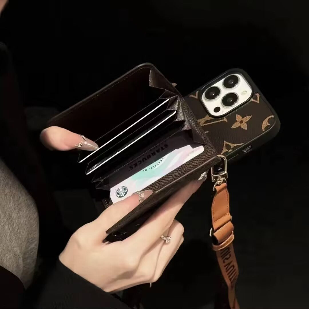 Advanced leather iPhone Case With Wallet And Strap Brown